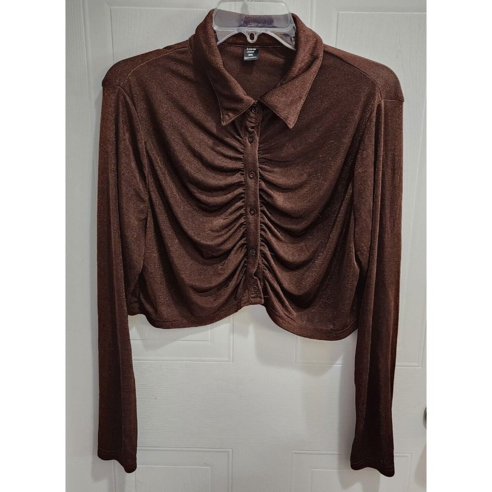 SHEIN Curve Brown Ruched Front Collared Button Up Cropped Blouse Plus Size 3XL